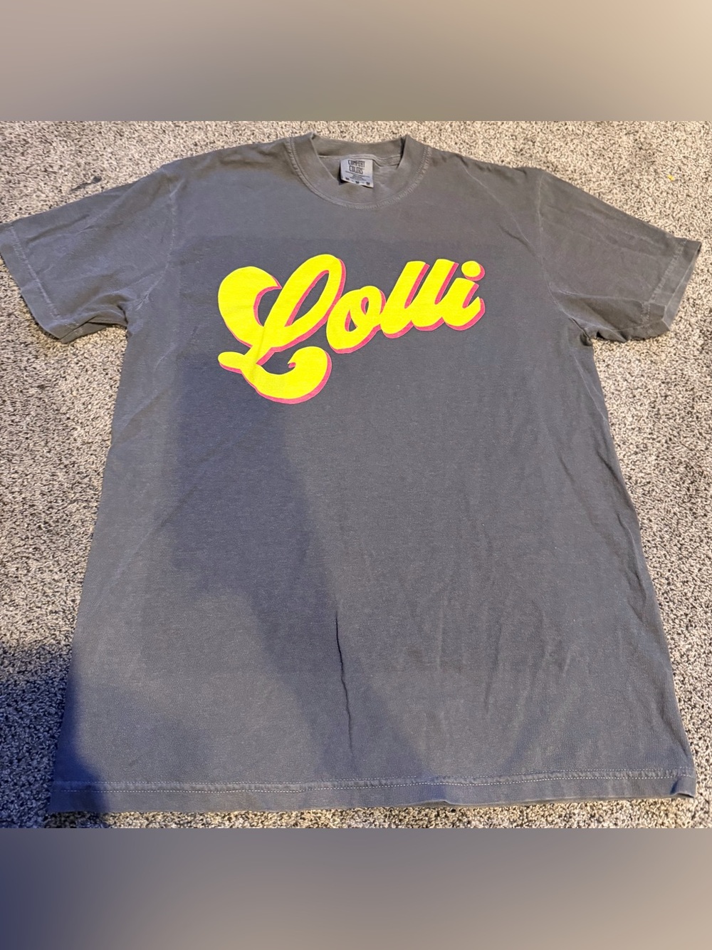 Charcoal Short Sleeve Tee with Yellow & Pink "Lolli" Script